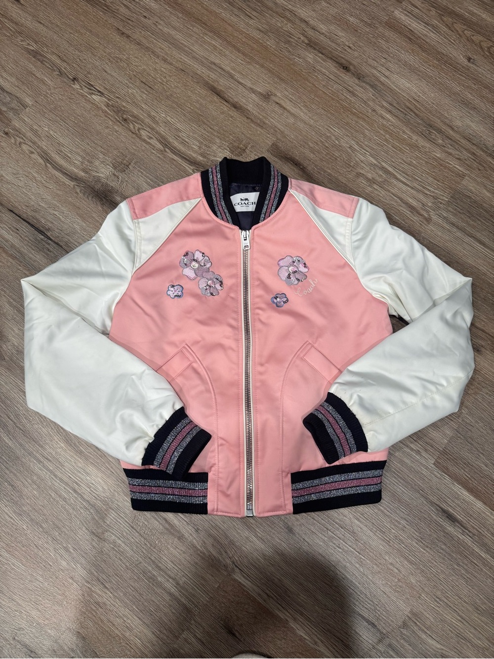 Coach Pink & White Floral Appliqué Bomber Jacket